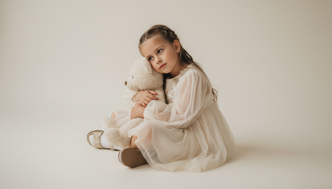 Промпт для фото в стиле 👧 Нежные объятия: маленькая мечтательница с плюшевым другом