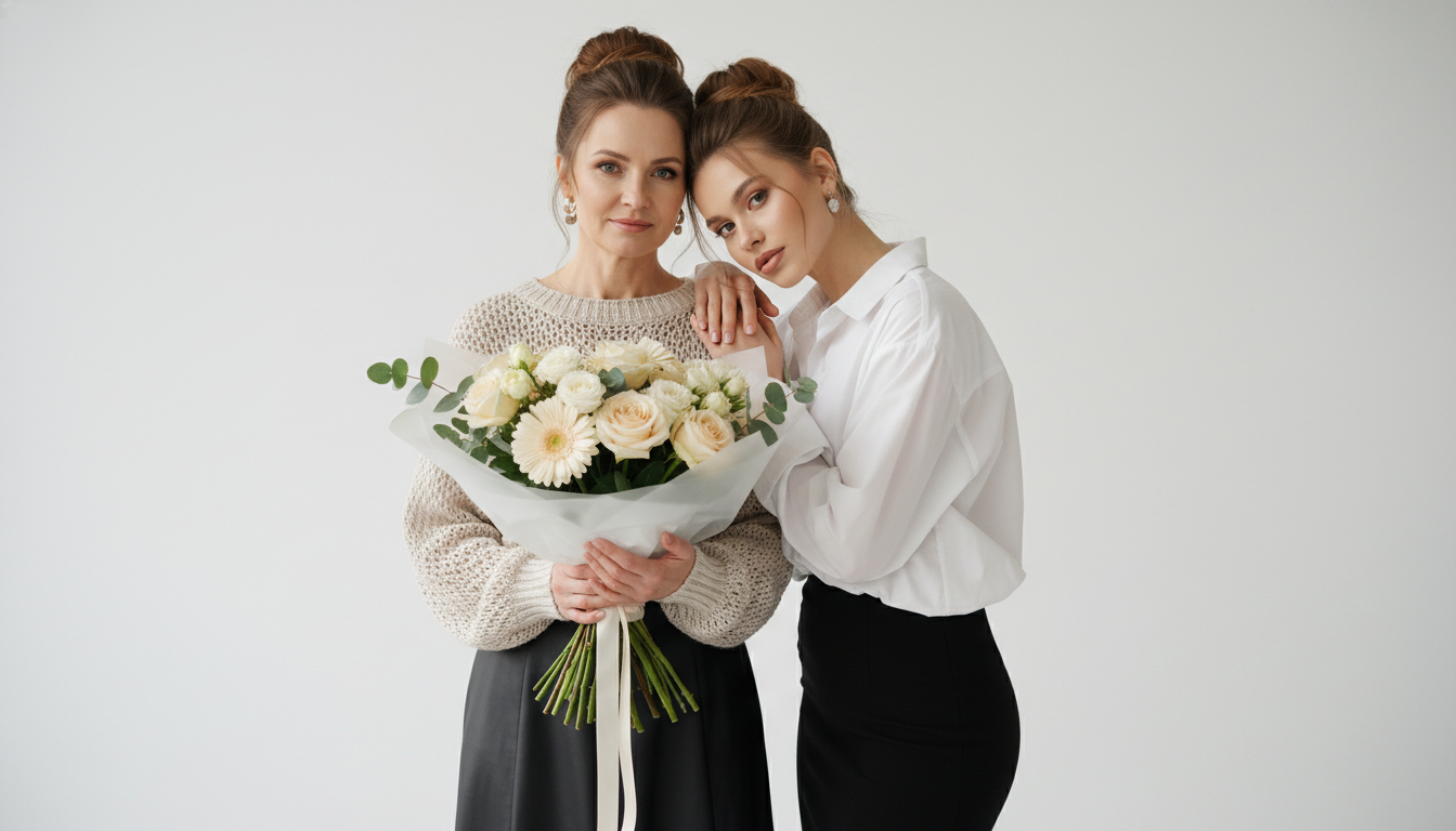 Промпт для фото в стиле 💐 Нежный портрет мамы и дочери в белой студии