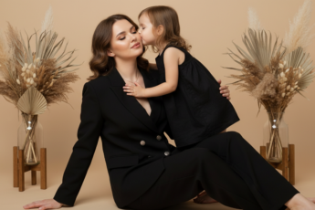 Промпт для фото в стиле 💝 Нежный момент: мама и дочка в элегантной фотостудии