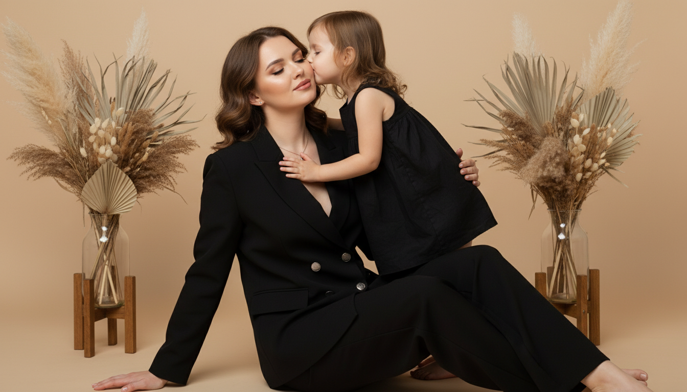 Промпт для фото в стиле 💝 Нежный момент: мама и дочка в элегантной фотостудии