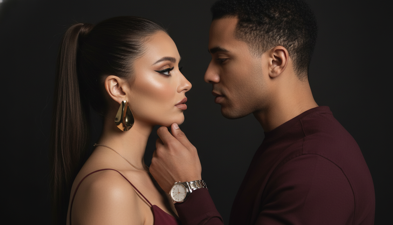 Промпт для фото в стиле 💫 Нежное мгновение любви в бордовых тонах