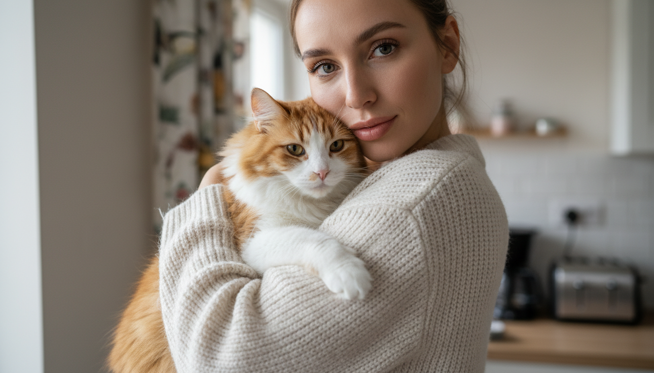 Промпт для фото в стиле 🐱 Нежные моменты: девушка со своим пушистым другом