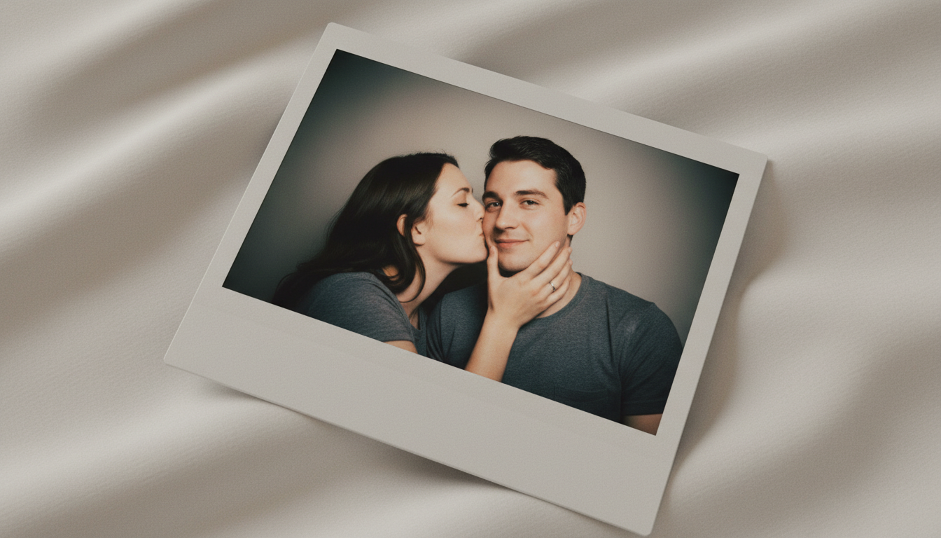Промпт для фото в стиле 📸 Нежный Polaroid момент: история одного поцелуя