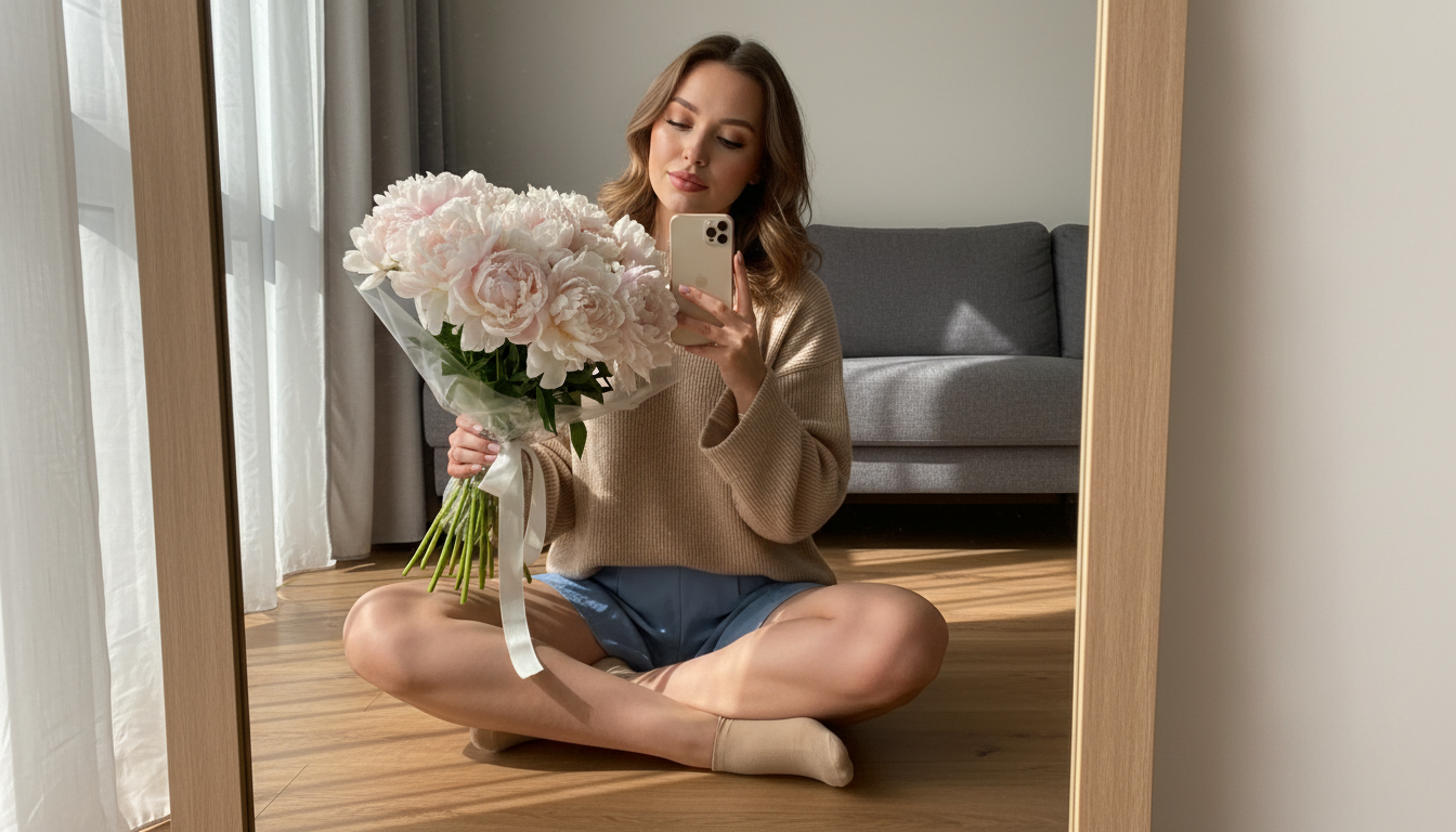 Промпт для фото в стиле 📸 Нежное селфи с пионами в лучах солнца