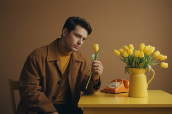 Промпт для фото в стиле 🌷 Задумчивый мужчина в мире желтых тюльпанов