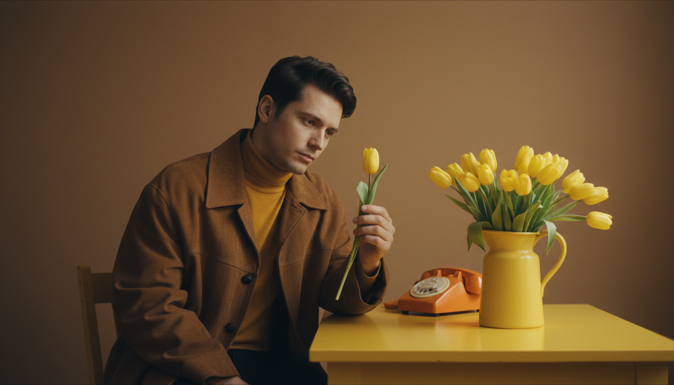 Промпт для фото в стиле 🌷 Задумчивый мужчина в мире желтых тюльпанов