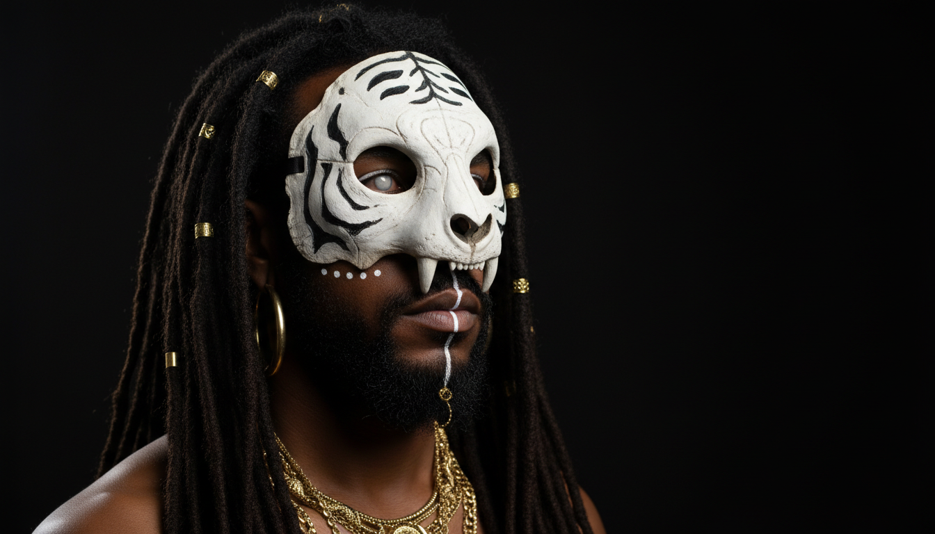 Промпт для фото в стиле 🐯 Шаман с маской тигра: мистический портрет в золоте