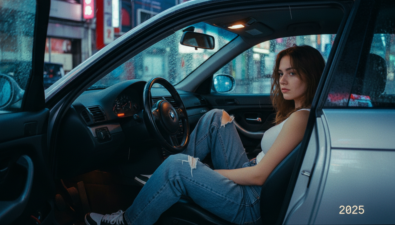 Промпт для фото в стиле 🌆 Токийская ночь в BMW: гранж-портрет будущего