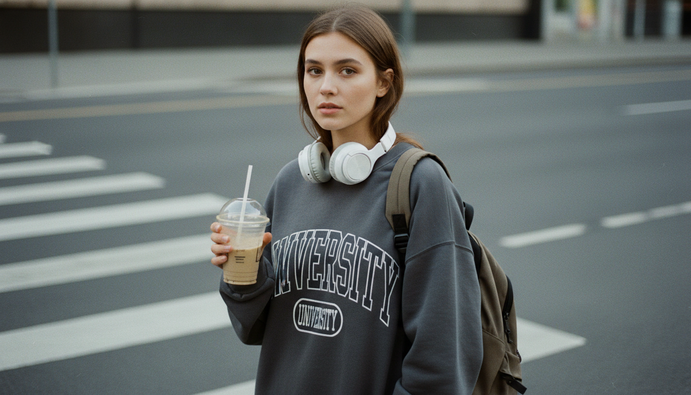 Промпт для фото в стиле 📸 Городские будни: кофе, музыка и стильный casual