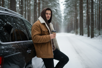 Промпт для фото в стиле 🌲 Зимний кофе-брейк в заснеженном лесу