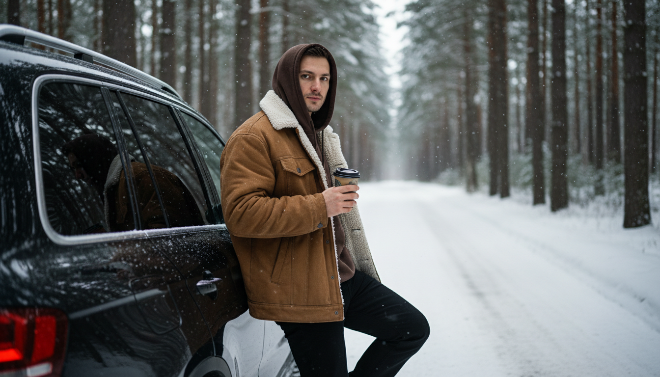 Промпт для фото в стиле 🌲 Зимний кофе-брейк в заснеженном лесу