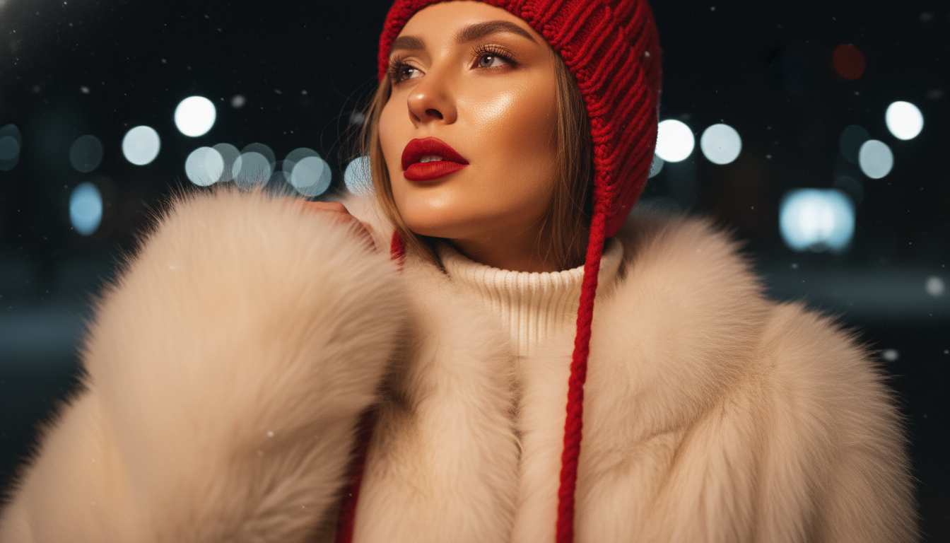 Промпт для фото в стиле ❄️ Зимний портрет девушки в мерцающих огнях ночного города