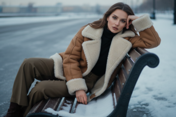 Промпт для фото в стиле 🌨️ Зимний портрет: уютная элегантность на заснеженной скамейке
