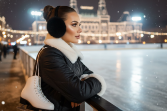 Промпт для фото в стиле 🌨️ Зимняя магия: девушка у катка в ночном городе