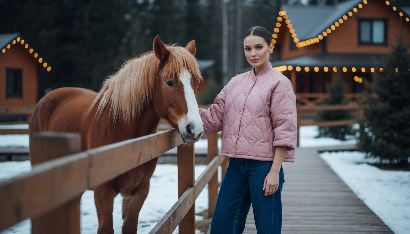 Промпт для фото в стиле 🐎 Зимняя встреча: нежность у деревянного забора