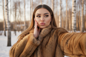 Промпт для фото в стиле 🌟 Зимнее селфи в шубе: дерзкая обиженка среди берёз