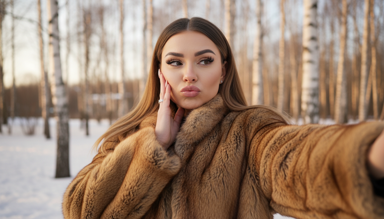Промпт для фото в стиле 🌟 Зимнее селфи в шубе: дерзкая обиженка среди берёз
