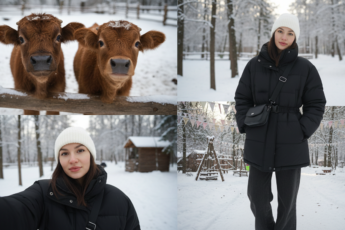 Промпт для фото в стиле 🦌 Зимняя прогулка в зоопарке: милые телята и уютные селфи