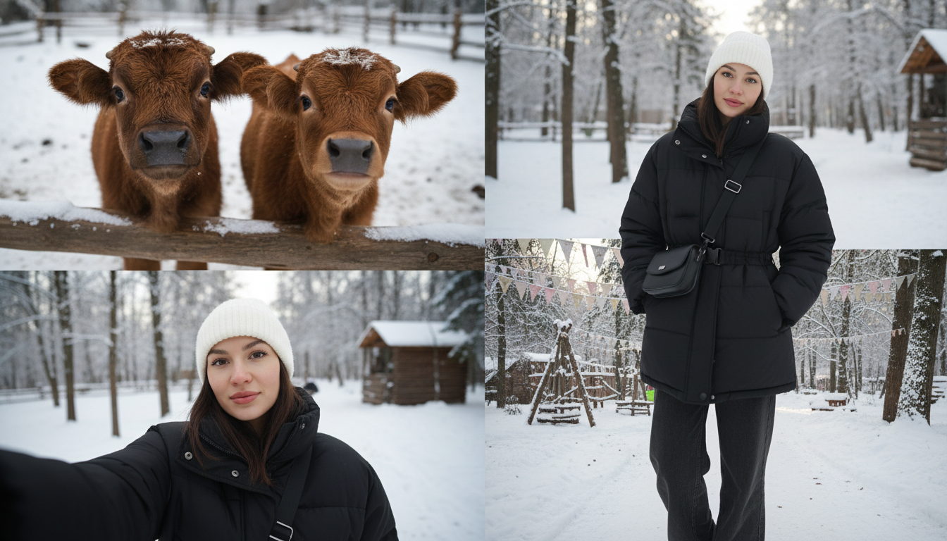 Промпт для фото в стиле 🦌 Зимняя прогулка в зоопарке: милые телята и уютные селфи