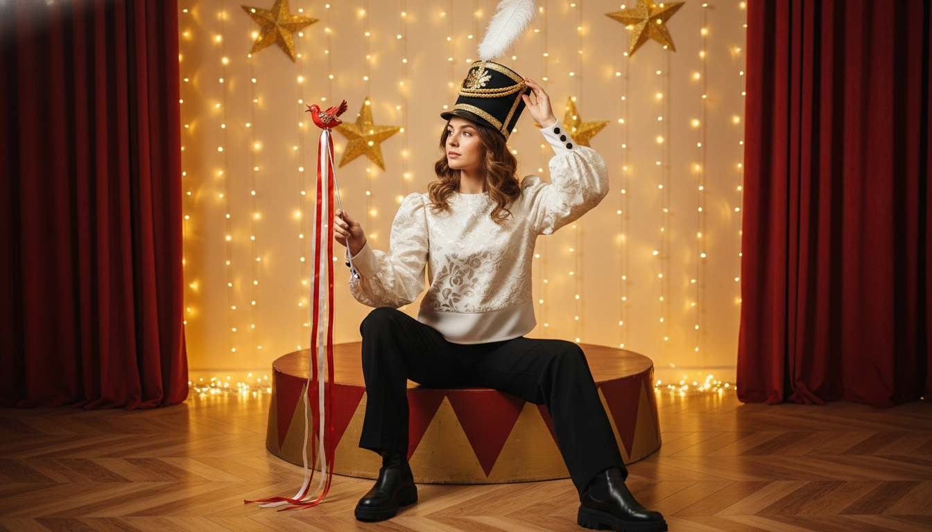 Промпт для фото в стиле 🎪 Юная дрессировщица грёз в театральной студии