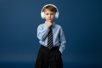 Промпт для фото в стиле 🎧 Юный меломан: стильный студийный портрет в синих тонах