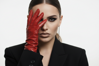 Промпт для фото в стиле 👁️ Дерзкий взгляд сквозь алые перчатки