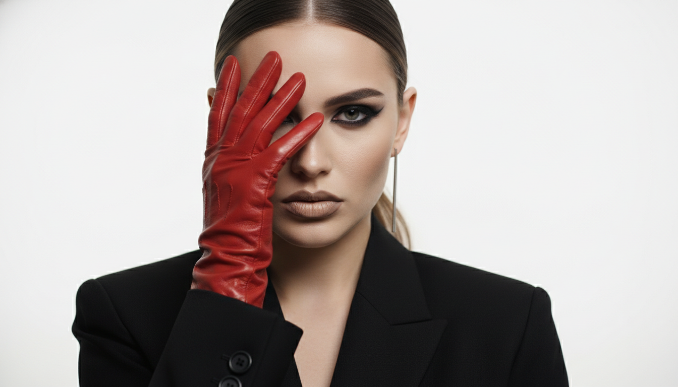 Промпт для фото в стиле 👁️ Дерзкий взгляд сквозь алые перчатки