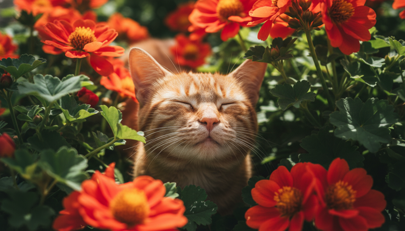 Промпт для фото в стиле 🌺 Кот медитирует в цветущем раю