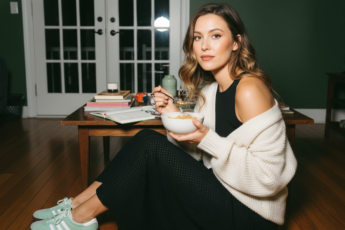 Промпт для фото в стиле 📸 Уютный домашний портрет с хлопьями в зелёной гостиной