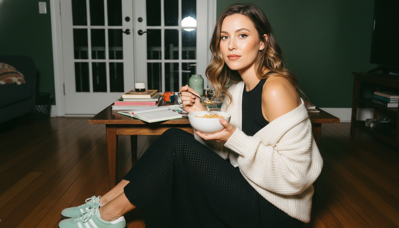 Промпт для фото в стиле 📸 Уютный домашний портрет с хлопьями в зелёной гостиной