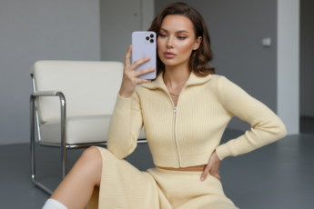 Промпт для фото в стиле 📸 Уютное селфи в вязаном костюме цвета топлёного масла