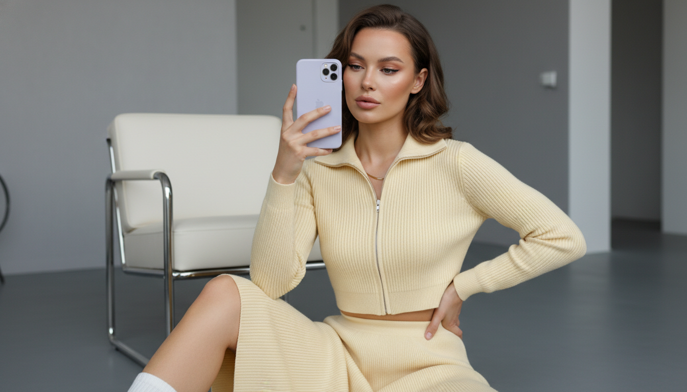 Промпт для фото в стиле 📸 Уютное селфи в вязаном костюме цвета топлёного масла