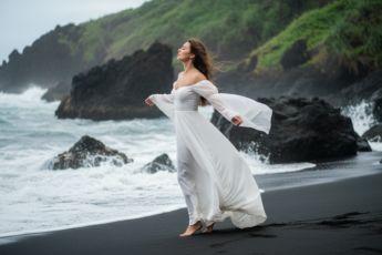 Промпт для фото в стиле 🌊 Танец с ветром на черном пляже