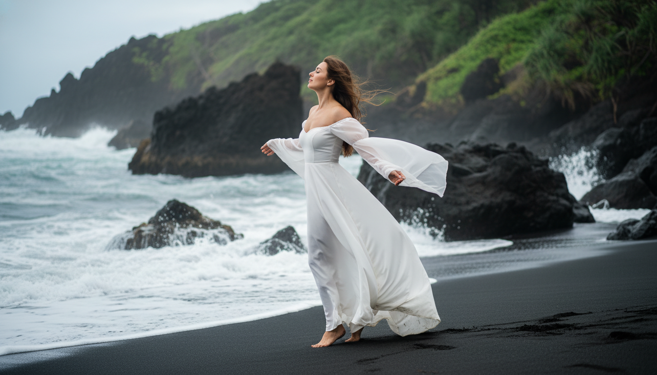 Промпт для фото в стиле 🌊 Танец с ветром на черном пляже