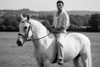 Промпт для фото в стиле 🎠 Элегантный всадник: черно-белая классика в стиле Vogue