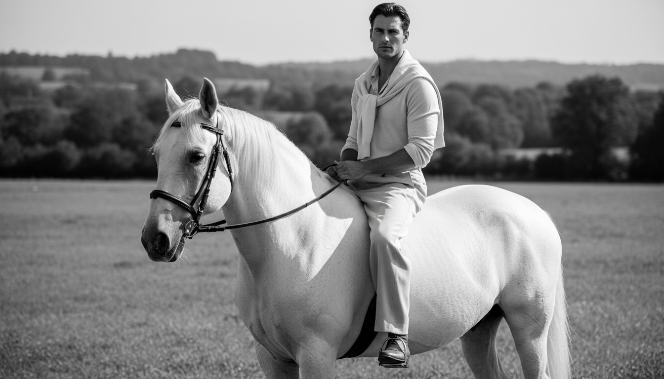 Промпт для фото в стиле 🎠 Элегантный всадник: черно-белая классика в стиле Vogue