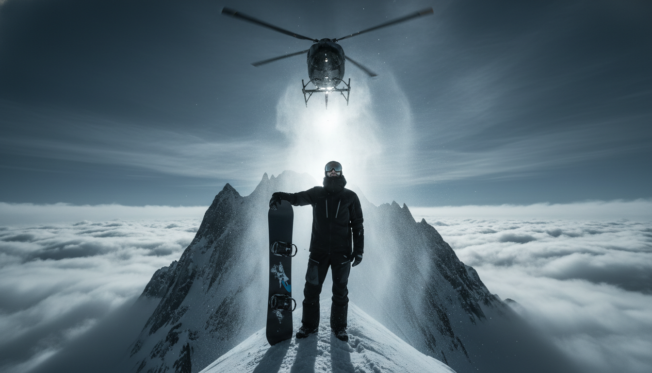 Промпт для фото в стиле 🏔️ Покоритель вершин: эпический кадр под вертолетом