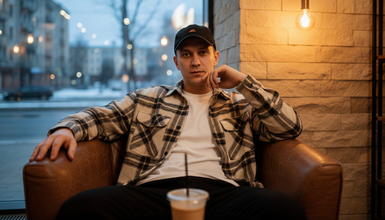 Промпт для фото в стиле 🎭 Вечерний портрет незнакомца в городском кафе