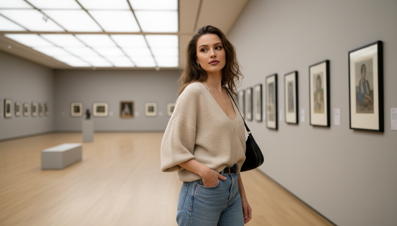 Промпт для фото в стиле 🎨 Модный день в галерее современного искусства