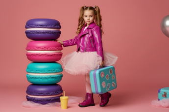 Промпт для фото в стиле 🎀 Модная малышка в мире гигантских макарон