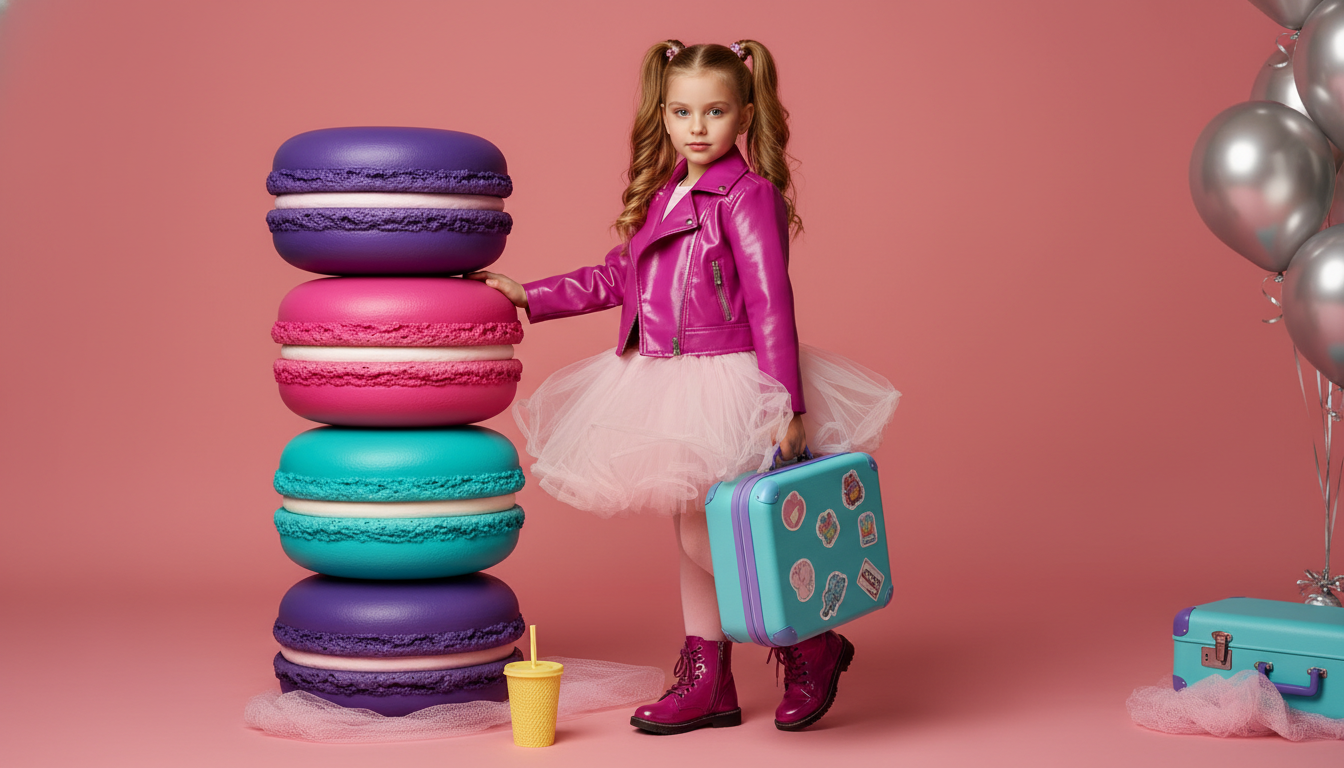 Промпт для фото в стиле 🎀 Модная малышка в мире гигантских макарон