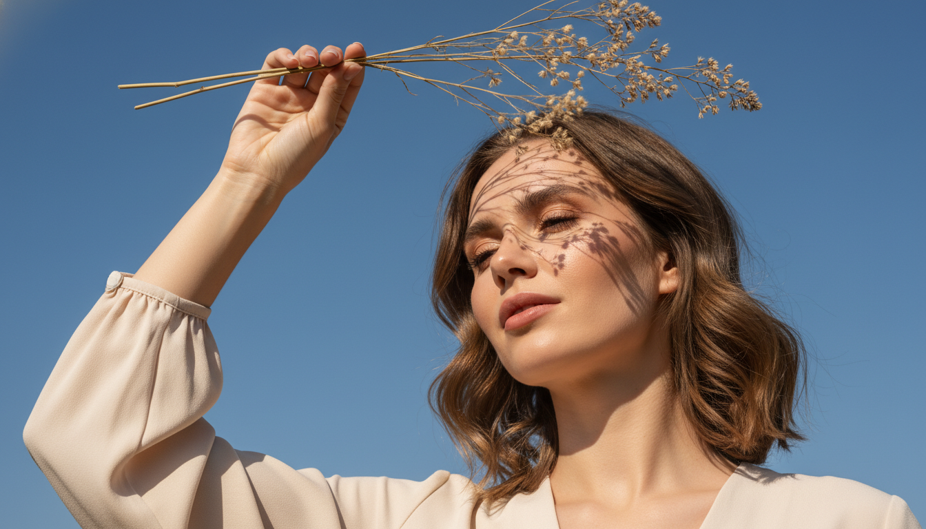 Промпт для фото в стиле 🌾 Танец света и теней: женственный портрет с сухоцветами