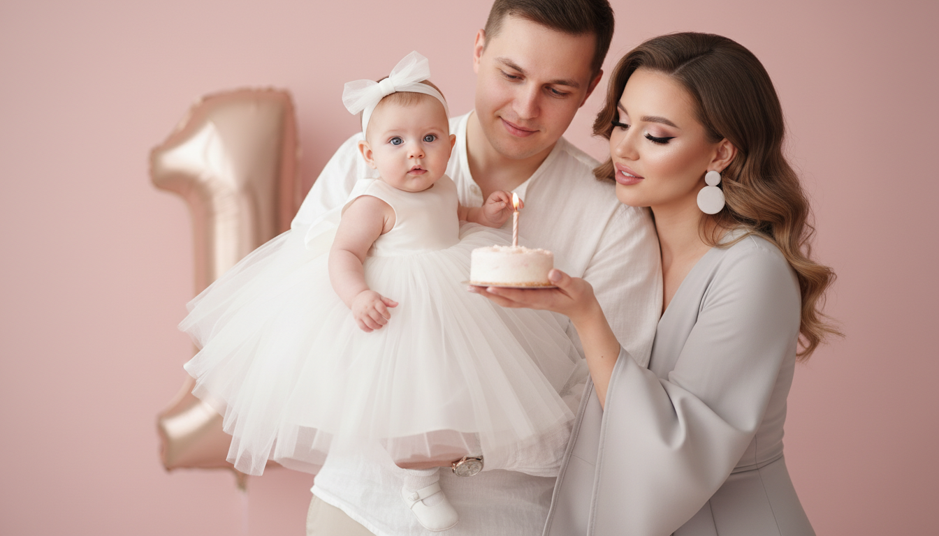 Промпт для фото в стиле 🎂 Первый день рождения: нежные моменты в розовых тонах