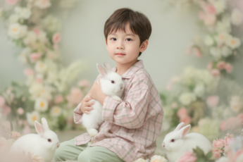 Промпт для фото в стиле 🌸 Нежный портрет мальчика в саду кроликов