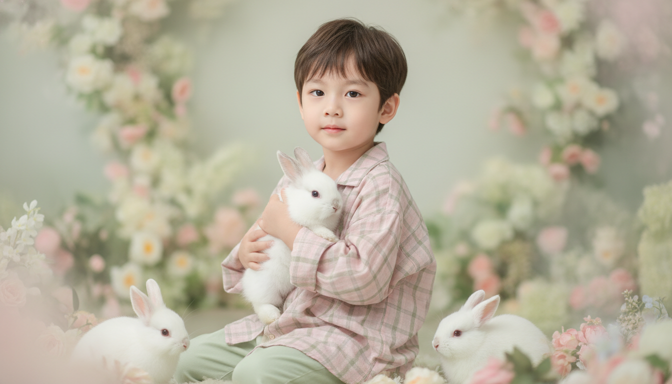 Промпт для фото в стиле 🌸 Нежный портрет мальчика в саду кроликов