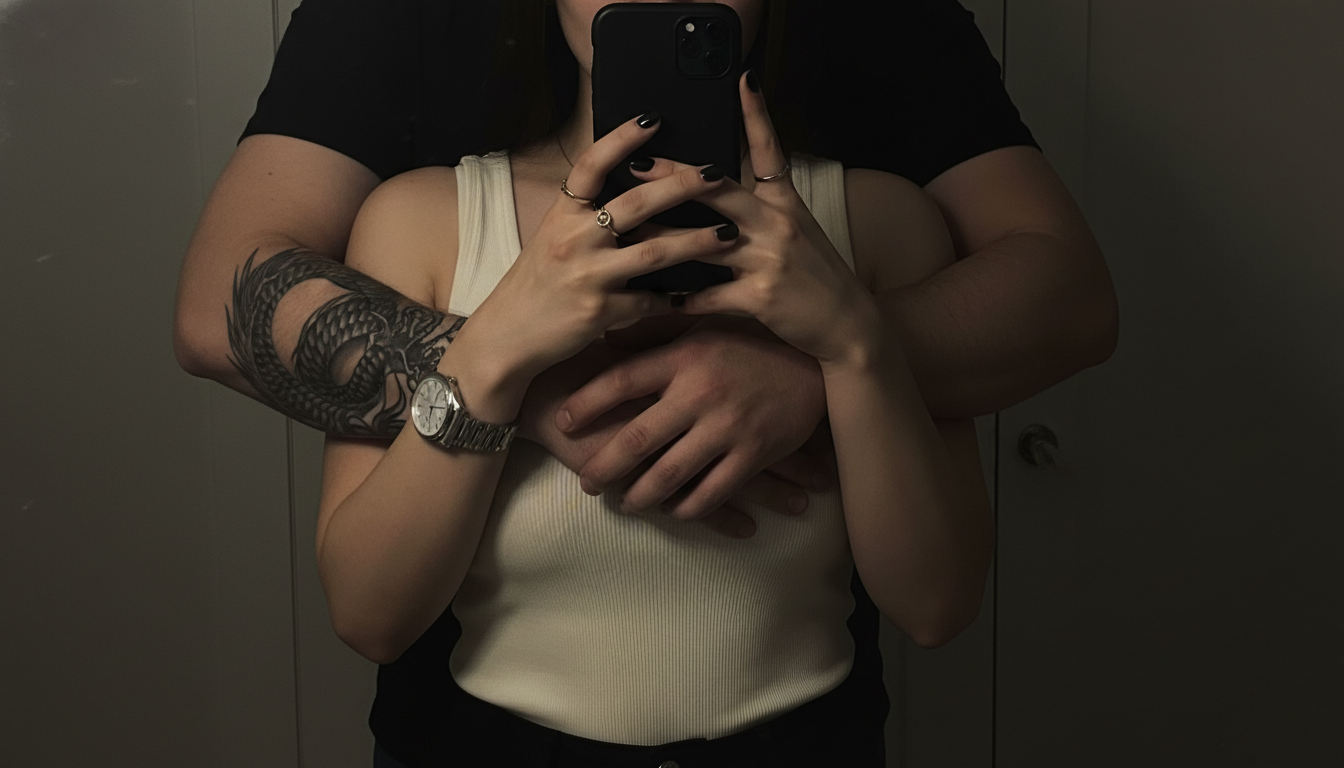 Промпт для фото в стиле 🌙 Нежные объятия в вечернем зеркале