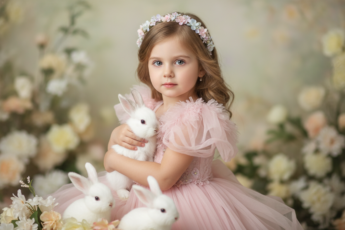 Промпт для фото в стиле 🌸 Нежный портрет девочки в окружении кроликов и цветов