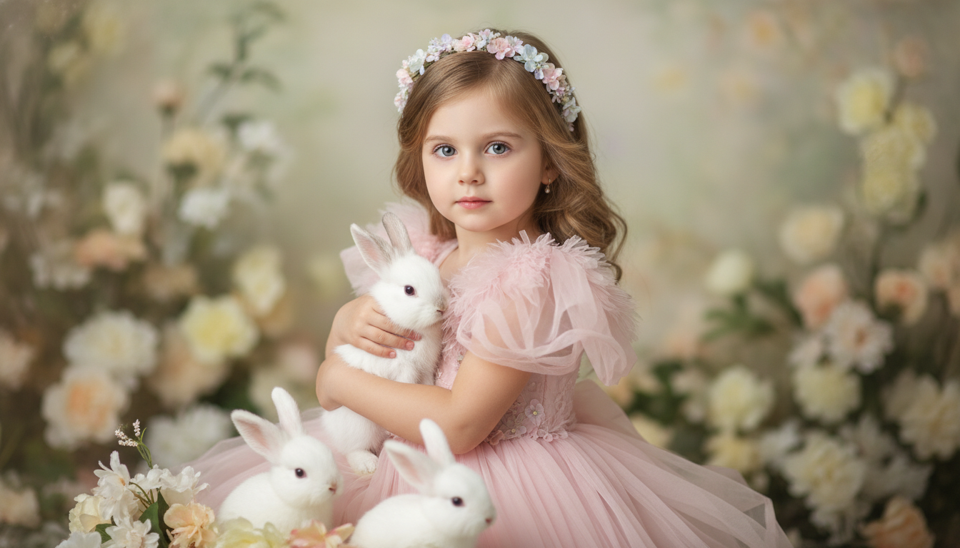 Промпт для фото в стиле 🌸 Нежный портрет девочки в окружении кроликов и цветов