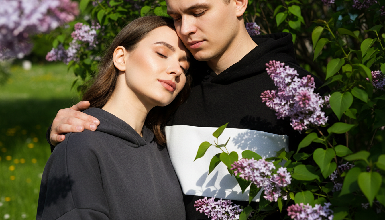Промпт для фото в стиле 💜 Нежный момент в сиреневом раю