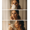 Промпт для фото в стиле 🐰 Нежный триптих: девушка и белый кролик в теплых тонах